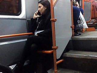 Hot MILF in black pantyhose in late tram
